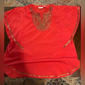 Chico's Vibrant Red Tunic with Gold Accents
